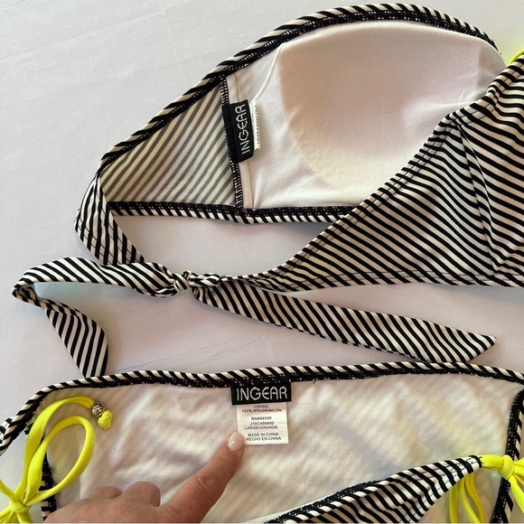 INGEAR Black and White Striped Bikini Set With Neon Yellow Band Sz L - Picture 4 of 5